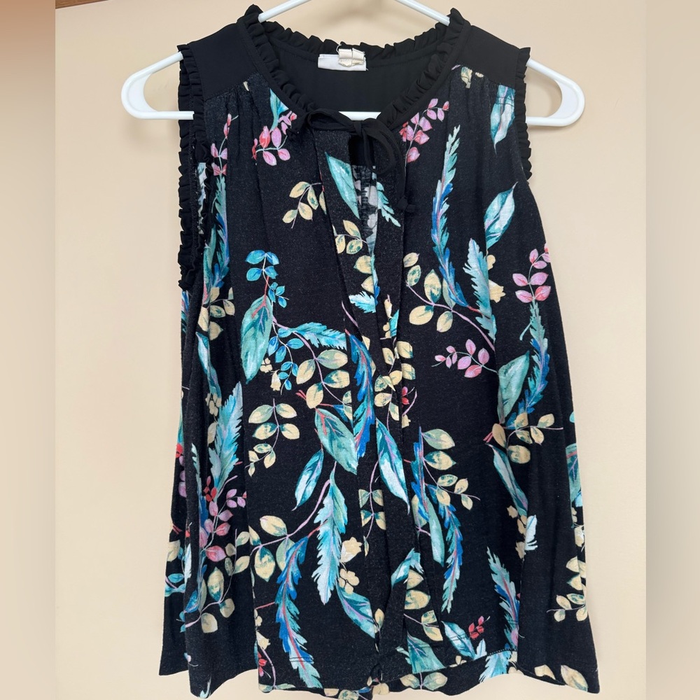 Meadow Rue Black Floral Tank Top from Anthropologie with Ruffle Trim